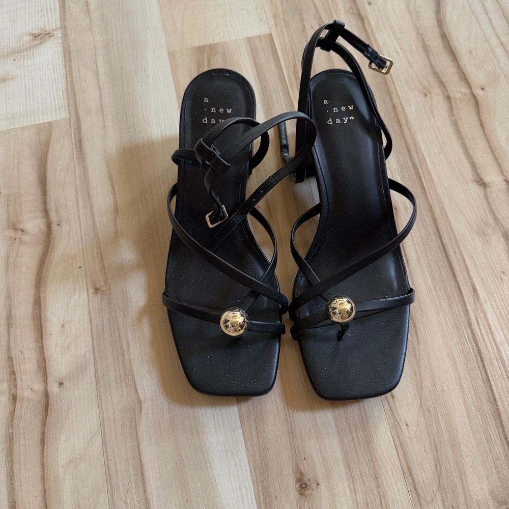 Black Phoebe Strappy Ball Ornament Block Heel Sandals with Gold Accent